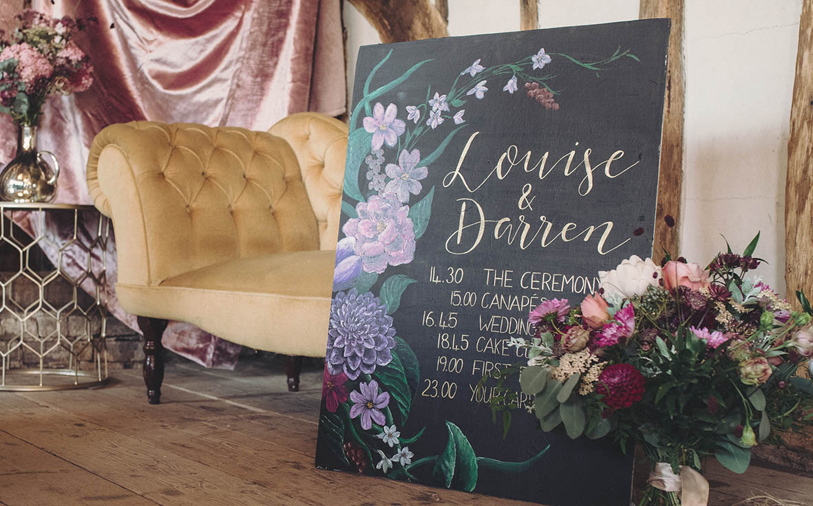 Floral wedding board for Louise and Darren